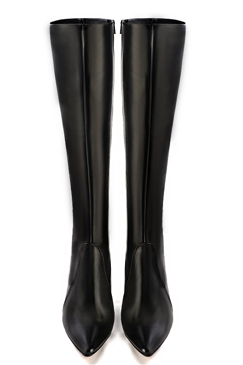 Satin black women's feminine knee-high boots. Tapered toe. Very high spool heels. Made to measure. Top view - Florence KOOIJMAN